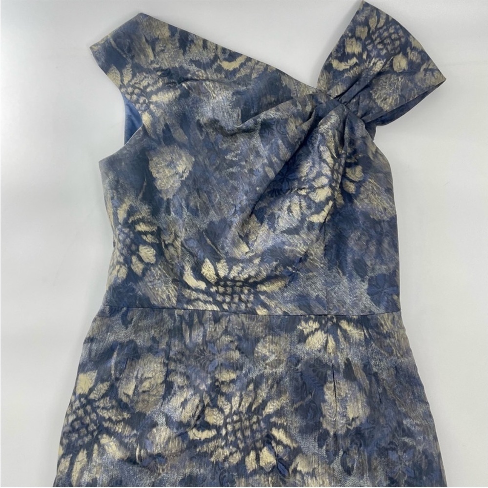 Teri Jon by Rickie Freeman Metallic Navy Blue and Gold Floral Sleeveless Dress 4 - Picture 4 of 7